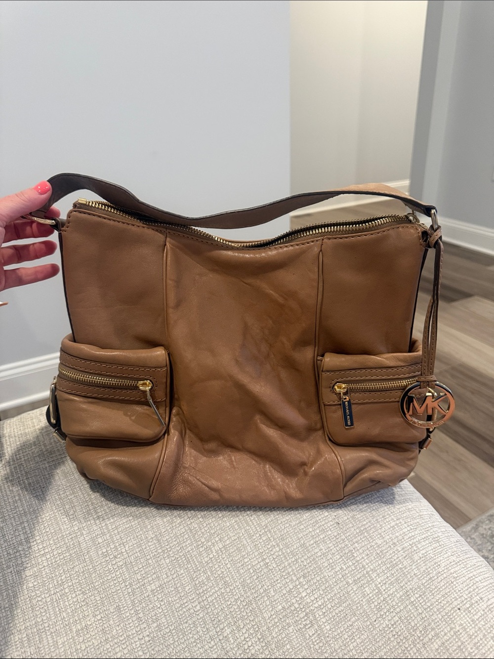 Michael Kors Cognac Leather Shoulder Bag with MK Charm